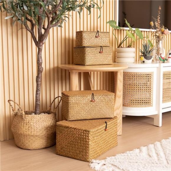 4 Pack, Wicker Baskets with Lids, Nautral Seagrass Storage Baskets, Woven - Picture 2 of 7